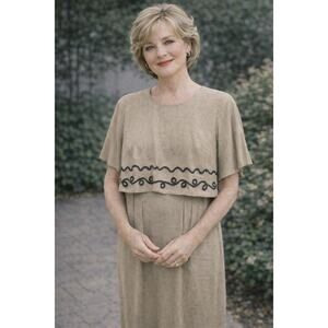 Vintage Lady Dorby Blouson Midi Dress Beige Embroidered Linen Blend Sz 14W